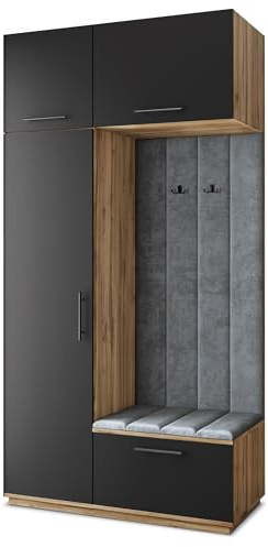 Masseno Flugarderoben Set Rema, Kleiderschrank-Set mit Sitzbank, Garderobenschrank Flur mit 5 Regalböden, Eiche Wotan/Schwarz