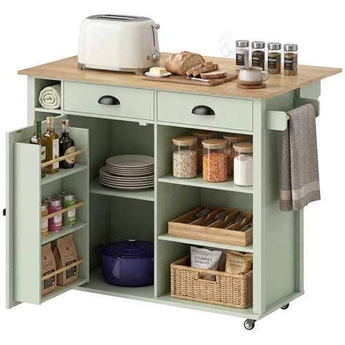 HOMCOM Isla de Cocina con Tablero Plegable 117,5x70x91 cm Verde Claro