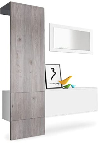 Vladon Garderobe Carlton Set 4, Made in Germany, Garderobenset bestehend aus 1 Garderobenpaneel, 1 Schrankmodul und 1 Wandspiegel, Weiß matt/Eiche Nordic (156 x 193 x 35 cm)
