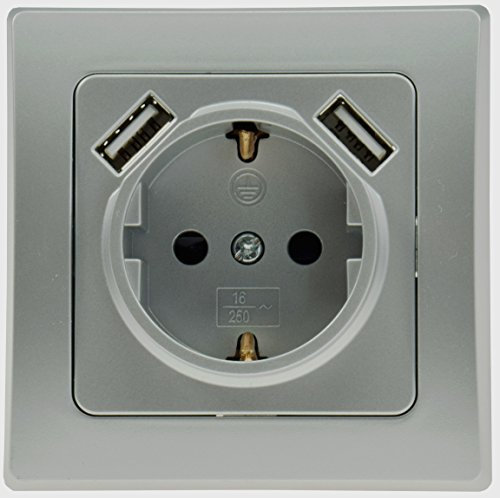 USB-Steckdose mit Berührungschutz 2xUSB Unterputz Schutzkontakt-Steckdose 250V / 16A USB-Port 5V / 2,1A Laden von Smartphone Tablet Grau Silber