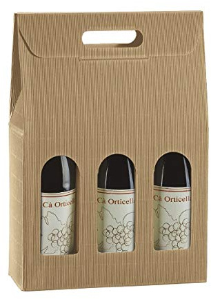 5 scatole per 3 bottiglie vino verticali modello bordolese, borgognotta robuste strenne natalizie cartone accoppiato e maniglia esterna cm.27x9x38,5h onda avana
