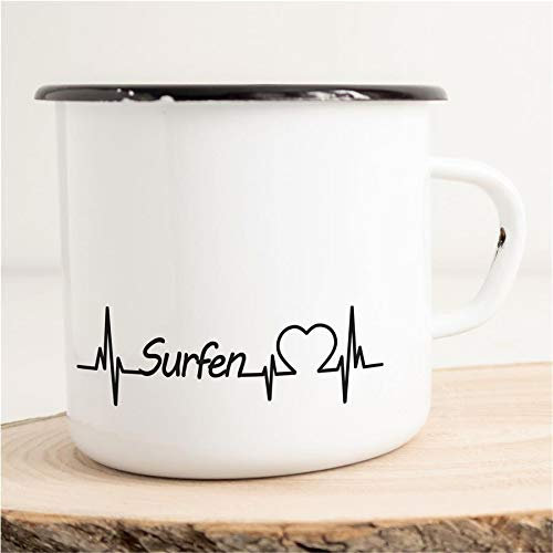 Huuraa Emaille Tasse Surfen Herzschlag Puls Wassersport Wellenreiten 300ml