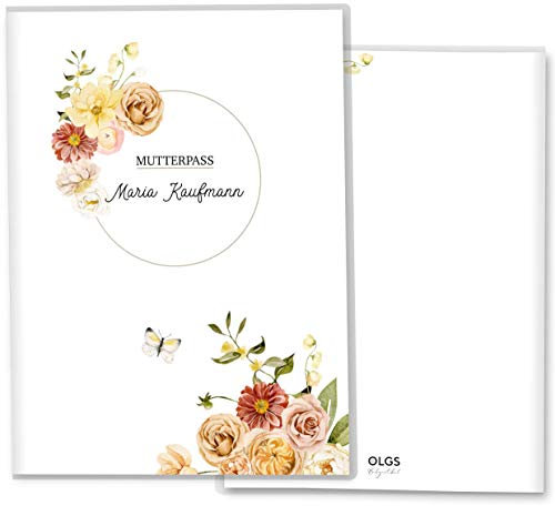 OLGS Mutterpasshülle personalisierbar Florentina Schwangerschaft Geschenkidee Schutzhülle Mutterpass | Mit Fach für Ultraschallbilder (Deutsche Mutterpasshülle personalisiert, Butterfly)