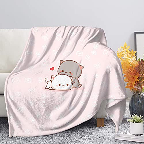 HUGS IDEA Sherpa-Decke, Babyrosa, schweres, flauschiges Kunstfell-Überwurf mit Cartoon-Katzenpaar, niedliches Herz, Katze, Pfoten, Erdbeermuster, für Damen und Mädchen, Geschenk, Decken-Größe 3XL