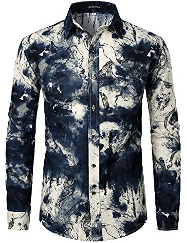 LucMatton Herrenhemd aus Leinen, mit stilvollen, afrikanischen, traditionellen Druckmustern, Langarmhemd mit Knopfleiste, Weiß Marineblau, 3XL