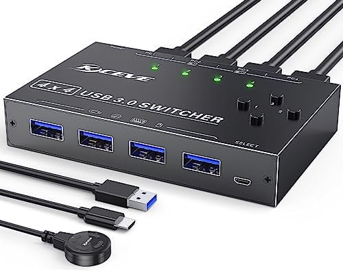 Switch USB 3.0, 4 Entrées 4 Sorties Commutateur USB KVM Switch 4 Ports pour 4 PCs pour Clavier Souris Clé USB Disque Imprimante, Télécommande Filaire et 4 Câbles USB 3.0 Inclus