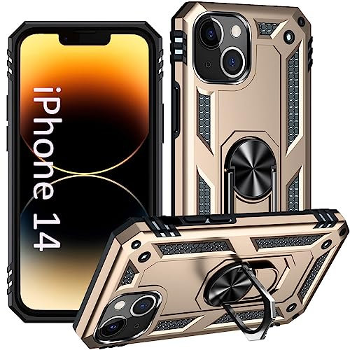 ADDIT iPhone 14 Case with Ring Holder Stand, Magnet Car Mount, Military Grade, Heavy Duty, Gold