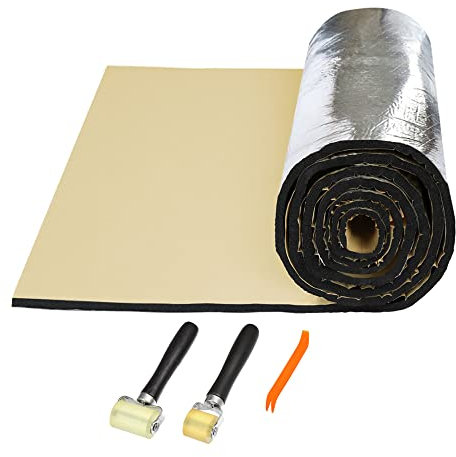 sourcing map 1㎡ 10mm Isolant Phonique Voiture Aluminium Isolation Thermique Capot Moteur Porte Coffre avec Outil Démontage Rouleau 10mmx100x100cm
