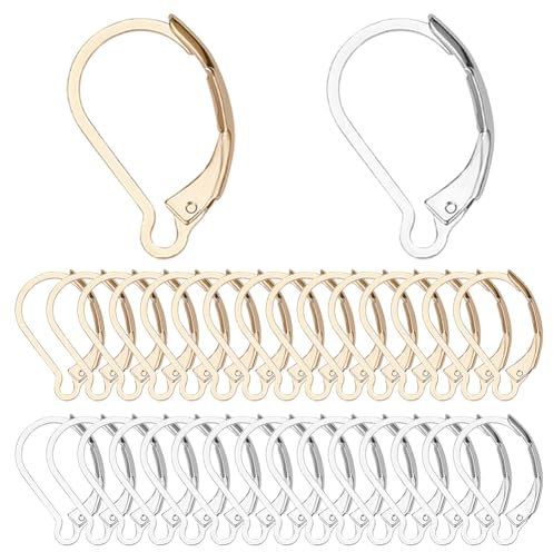 SUNNYCLUE 1 Box 60Pcs Stainless Steels Silver 24K Gold Plated Gold French Earring Hooks Leverback Earring Findings Leverbacks 6.5x10mm Lever Back Earwires for Jewellery Making DIY Earrings Crochet
