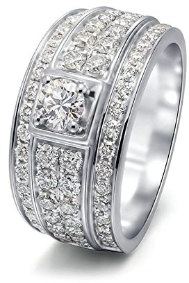 Daesar Trauring 750 Weißgold mit Edelstein, Herren Ring Breit 4-Steg-Krappenfassung mit 0.2ct Diamant Verlobungsringe und Eheringe Nickelfrei Gr.49 (15.6)