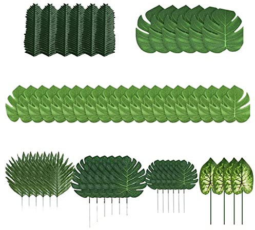SHIYUAN 50 Pcs Artificial Palm Leaves, Artificial Leaves in Seven Different Shapes, Flexible and Realistic Reusable Fake Leaves, Tropical Party Decorations