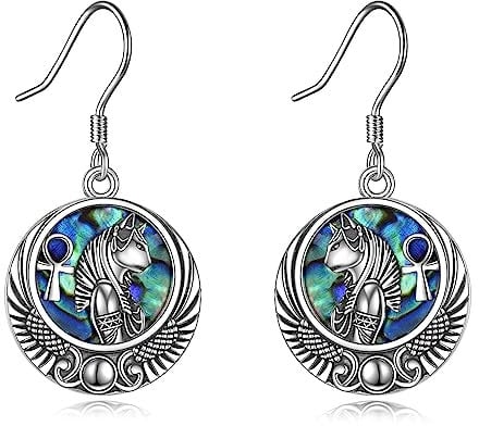 YFN Bastet Göttin Ohrringe Sterling Silber ägyptische Katze Hängend Baumeln Tropfen Ohrringe Abalone Shell Ägypten Schmuck Geschenke für Damen