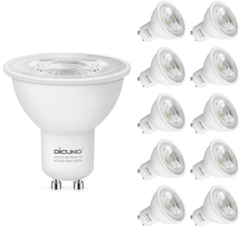 DiCUNO GU10 LED Bulbs Cool White 6000K, 4.5W 380LM Energy Saving GU10 LED Light Bulbs, 40W Halogen Spotlight Equivalent, Non-dimmable for Home Lighting Decor, 45° Beam Angle, 10 Pcs