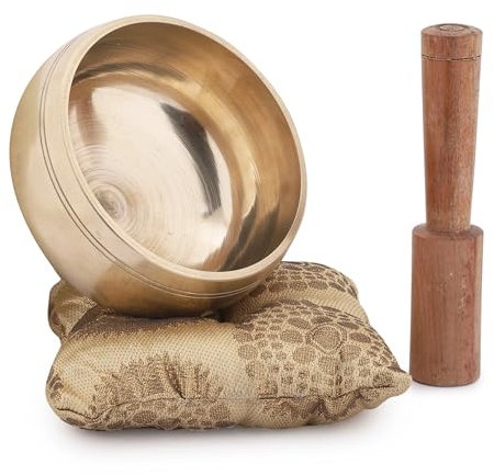 Ajuny Tibetisches Klangschalen Set, Meditations Klangschale aus Messing Golden Handgefertigt 4 Zoll Durchmesser, mit Stab und Kissen für Yoga, Chakra Heilung, Achtsamkeit und Geschenke zum Stressabbau