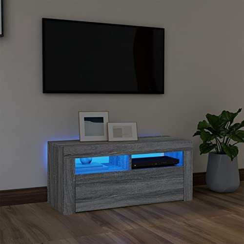 DJEKA Meuble TV LED Meuble TV Bois Meuble TV Haute Banc TV Meuble Television Meuble TV avec Rangement Table TV Salon Banc TV-Sonoma gris-90x35x40 cm