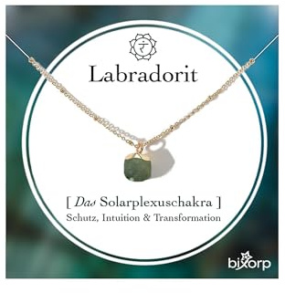 Bixorp Chakra Halskette – Handgefertigter Edelstein Anhänger – Vergoldete Edelstahlkette auf Geschenkkarte mit Geschenkumschlag – (36 cm + 8 cm verstellbar)