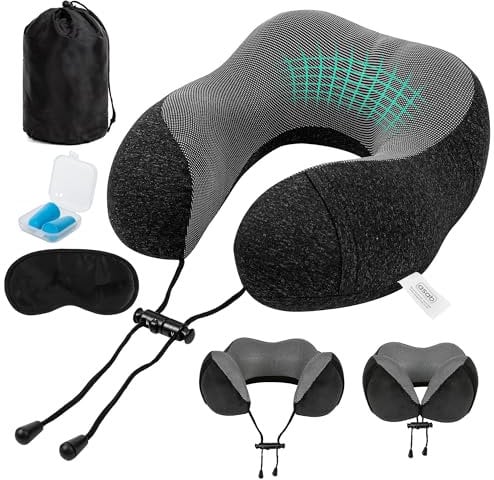 ASAB Memory Foam Travel Neck Pillow with Side Pocket Machine Washable Cover Sweatproof Magnetic Breathable Fabric Portable Pouch 360° Neck and Head Support Airplane Pillow Kit Compact (Black)