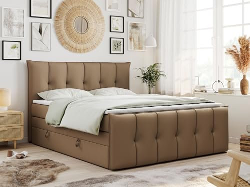 MKS MEBLE King Boxspringbett 200x200 Mit Bettkasten Und Matratze H4, Polsterbett Mit Matratze, Premium-11-King Braun Kunstleder