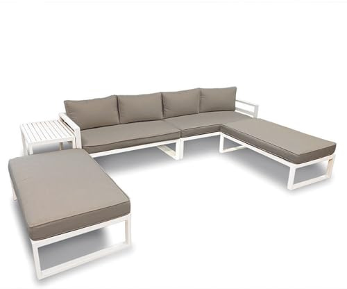 Perel Loungegarnitur aluminiumgrau, 8 Personen Gartengarnitur mit Beistelltisch, Sitz- und Rückenkissen, wetterfestes Loungegarnitur für Garten, Terrasse und Balkon, Moderne Gartengarnitur aus