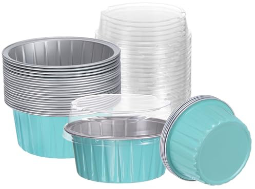 HARFINGTON Backförmchen mit Deckel, 142 ml, Aluminiumfolie, Mini-Einwegbehälter, Tassenhalter, Boxen, Pfannen für Dessert, Hochzeit, Party, Blau, 25 Stück