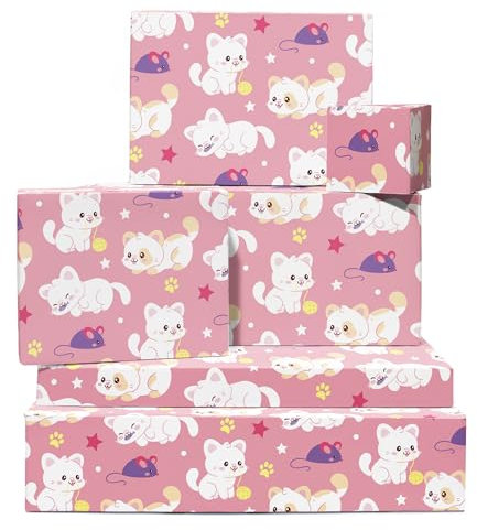 Geschenkpapier Mädchen – 6 Blatt rosa Geschenkpapier – Katze und Maus – Pfotenabdruck, Stern – süßes Geschenkpapier zum Geburtstag – mit Aufklebern – recycelbar – von Central 23