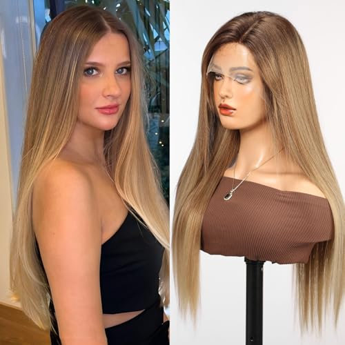 WOKESTAR Lange Perücken mit Spitze Synthetische Perücken für Frauen Dreckiges Blond