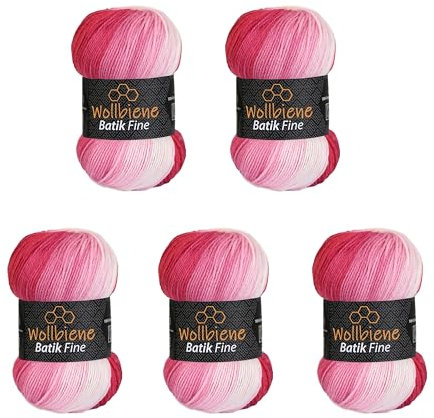 5 x 100g Wollbiene Batik Fine 500 Gramm Wolle mit Farbverlauf mehrfarbig Multicolor Strickwolle Häkelwolle (5300 beere weiß)