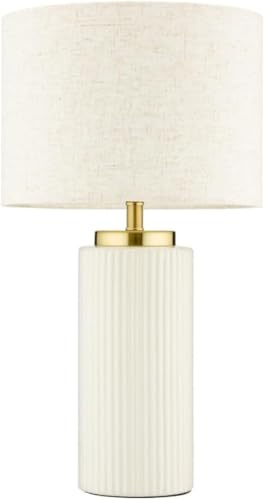 New Ribbed White Table Lamp Elegant & Contemporary Table lamp Ceramic Base Capped with Gold Large Circular Shade can cast a Glow About Your Space in The Evenings.