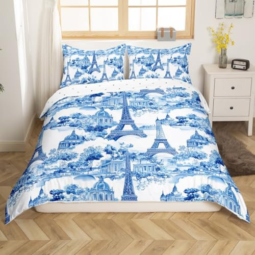 jejeloiu Eiffelturm-Bettwäsche-Set für Doppelbett, Paris, für Jungen, Mädchen, Teenager, Valentinstag, Bettbezug, Reise-Design, Tagesdecke, Raumdekoration, hellblau, Bettbezug, keine Bettdecke