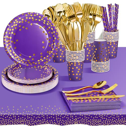 AIPartywar Stoviglie per Feste Pezzi Festa della Addobbi Ragazza di Compleanno dei Dambini Set Include Piatti di Carta Tovaglioli Tazze Tovaglia per Matrimonio, Compleanno (Oro Viola)