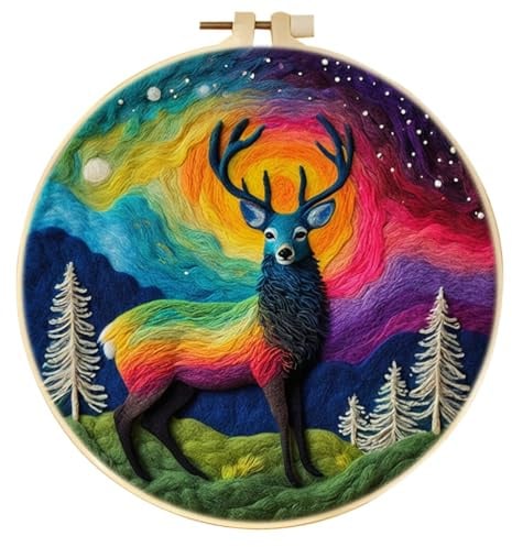 Meecaa DIY Needle Felting Kit for Beginners,Aurora Deer Christmas Tree Including Wool Felt Supplies, Embroidery Hoops,Beautiful Wool Painting and Needle Felting Tools (Aurora)