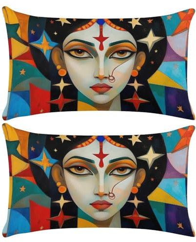 Outdoor Kissen Wetterfest Kissenbezug Kurze Plüschen Sofakissen Wasserdicht Dekokissen 30x50cm Kissenbezüge Indien Frauen Dekorativ Kissen Kissenhülle aus 2er Set für Garten Sofa Wohnzimmer Bett R1528