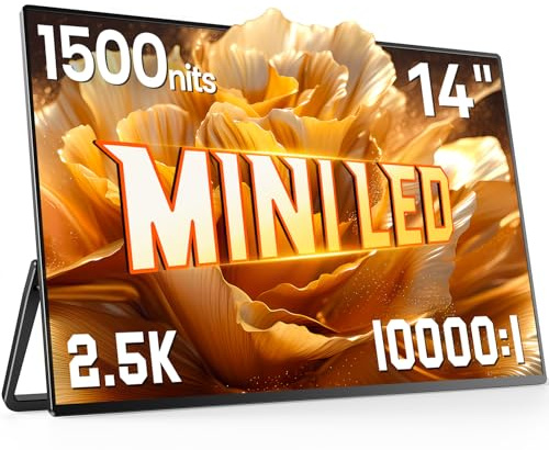 UPERFECT Mini LED Portable Monitor 14 2.5K | 1500 Nits | 2560x1600 | 10000:1 Contrast | 1ms Freesync Portable Monitor for Laptop w/Stand & VESA, Slim Travel Screen for PC Phone Game Consoles