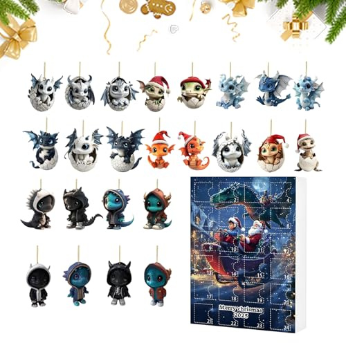 Adventskalender Drache, Adventskalender mit flachem Drachen, 24 Tage Dekoration aus Acryl mit Figuren für Schreibtisch, Wand, Baum, Familienbüros