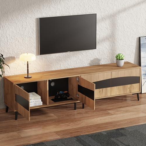 VIEKOS Mueble para televisión, 180 x 40 x 50 cm, color madera + soporte para TV de empalme negro, armario de TV con 4 armarios, armario de salón con 8 patas de apoyo, capacidad de carga recomendada 30