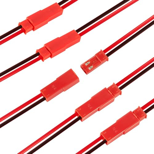 JST Steckverbinder, 22 AWG Steckverbinder, 5 Paar (10 Stück), 22 AWG | 2Pin Original Premium JST BEC Stecker Buchse, rot schwarzem Anschlussdraht Kabel, für LED Lampe Streife RC Spielzeug Batterie