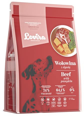 Lovira - Hundefutter Trocken - Trockenfutter für Hunde - Getreidefrei, mit hohem Fleischanteil 50% Rindfleisch - mit Kürbis, Kräuter & Gemüse - Hundetrockenfutter Sensitiv - Erwachsene Hunde - 3 kg