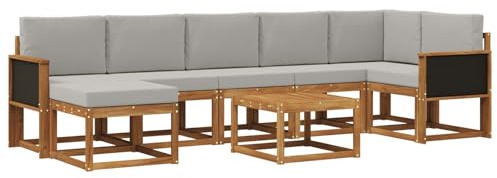 vidaXL Outdoor-Sofagarnitur 8 pcs Natürlich und Hellgrau Polyester, Modernes Garten-Sofa-Set, Flexible Sitzgelegenheiten, Akazienholz, Lounge für Poolbereich, schnell zusammengebaut
