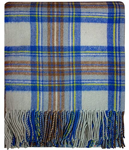 I LUV LTD Scottish Tartan Warm Wool Mix Throw Blanket Stewart Muted Blue Knee Plaid Throws for Sofas Travel Wool Rug Throws and Blankets 182 cm x 152 cm