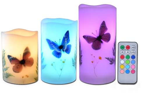 UNIVELA Candles Lot de 3 bougies chauffe-plat non parfumées en cire véritable Motif papillons et fleurs 12 couleurs changeantes 4 h 8 h Fonctionne avec piles