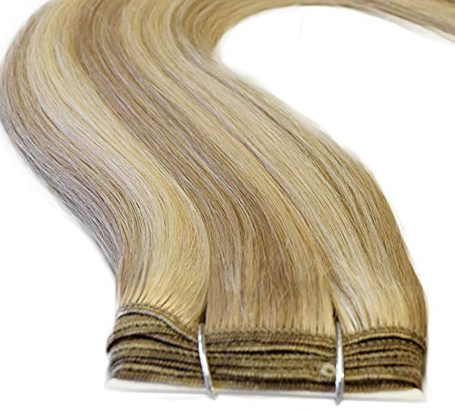 Happyqueen - 100g -12 14 16 18 20 22 24 26- Full Head Remy Human Hair Weaves/wefts for Sew in or Glue in- Grade AAA (18, 18/22 Ash Blonde/Medium Blonde Mix)