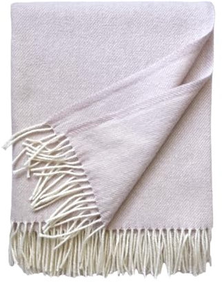 JOWOLLINA Wolldecke Plaid mit Fransen 100% Schurwolle (145x180 cm, Uni Blassrosa)