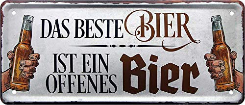 Blechschilder Bier Schild lustiger Spruch: “DAS Beste Bier IST EIN OFFENES Bier“ Deko Metallschild Türschild für Pub Theke oder Bar Geschenkidee für Deine Trink & Sauf Freunde 28x12 cm