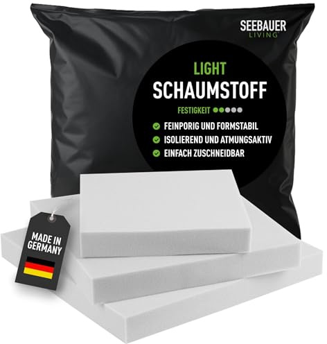 SEEBAUER living Schaumstoff Light RG 26/40 (Mittelfest) 60 x 40 x 6 cm Schaumstoffplatte für Polster und Sitzkissen, Polsterschaumstoff als Zuschnitt für Sitzpolster