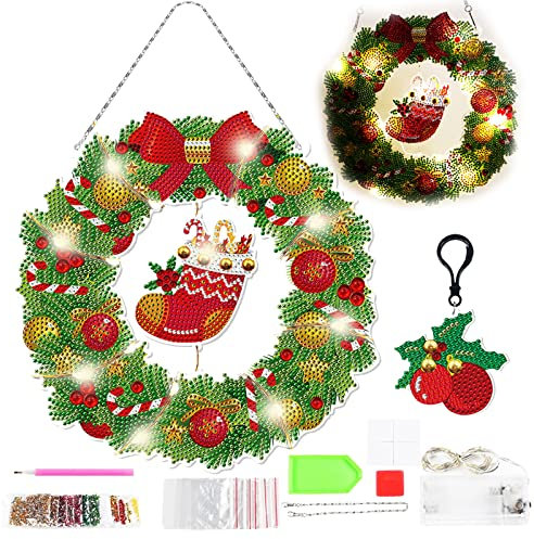 5D Diamant Malerei Set, DIY Türkranz Weihnachten mit LED Lampengürtel Schlüsselanhänger Aufhängerkette Diamantstift Weihnachten Runde Kranz Weihnachtskranz für Erwachsene Kinder Weihnachtsgeschenke