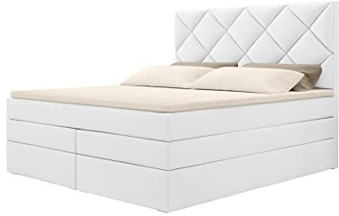 GREKPOL - Boxspringbett mit Bonell und TFK-Matratze H3 und Topper, Polsterbett mit Bettkasten -Kairo Duo (Weiß (Madryt 920), 140x200 cm)