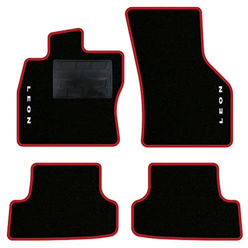 QUEMAR Automatten kompatibel mit Seat Leon III 5F 2012-2019 / Kit Teppich und Gummi auf Größe (Set 2 Vorne + 2 Rücken), individuelle Stickereien und Farben (2 Stickereien, roter Rand)