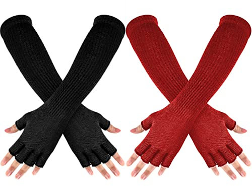 2 Pairs Winter Fingerless Gloves Long Thermal Knitted Mittens Stretchy Arm Warmers Half Finger Gloves for Men Women, 11 Inch, Black, Red, One Size