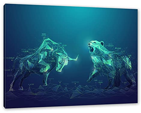 Pixxprint Stier vs. Bär – Börse Aktien, Größe: 80x60cm, Leinwandbild, fertig gespannt, Wandbild, Dekoration, Kunstdruck, kein Poster