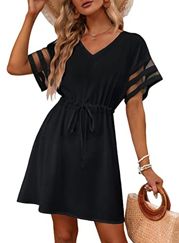 BMJL Womens Swimsuit Coverup Beach Dress V Neck Chiffon Bathing Suit Cover Ups Swimwear, Black, XXL